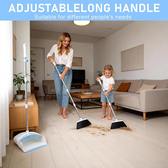 Broom with Dustpan Combo Set for Home, 52-in Long Adjustable Handle Angle Broom and Dustpan Set with Dustpan Comb Teeth for Sweeping Pet Hair Food Dirt Kitchen (White-Blue)