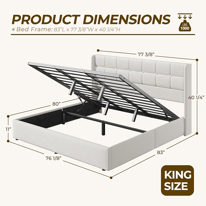 HISOFT King Size Lift Up Storage Bed Frame, Velvet Upholstered Platform Bed with Wingback Headboard, Heavy Duty Hydraulic Gas Lift Underbed Space, Reinforced Full Metal Slats, Noise Free, Light Beige