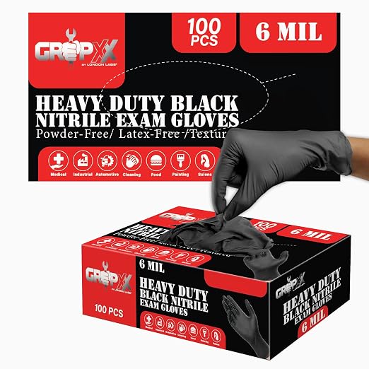 London Labs Heavy Duty 6 Mil Black Nitrile Gloves - Disposable, Latex & Powder Free | Mechanic, Food Prep & Tattoo | Rubber Gloves for Cooking, Cleaning & Household | Pack of (200)