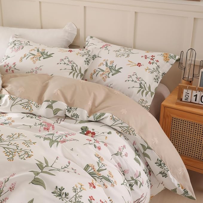 OAITE Duvet Cover Queen Size - 100% Cotton Comforter Cover Floral Duvet Cover Sets 3-PC, Breathable Duvet Cover with Zipper Closure & Corner Ties