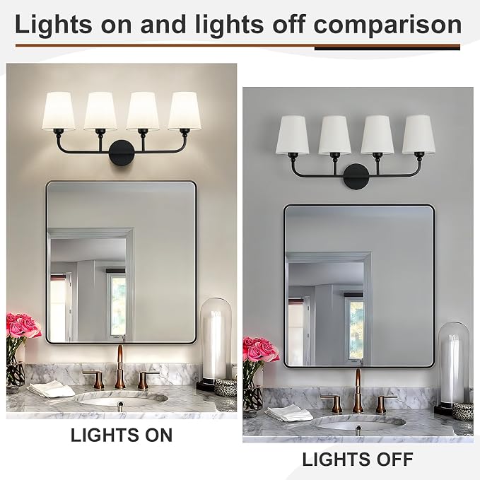 Bathroom Vanity Light, Matte Black Bathroom Light Fixtures, 4-Light Lighting Fixtures Over Mirror, Modern Wall Sconce with Flared White Fabric Shade, E26 Socket(ETL Listed)