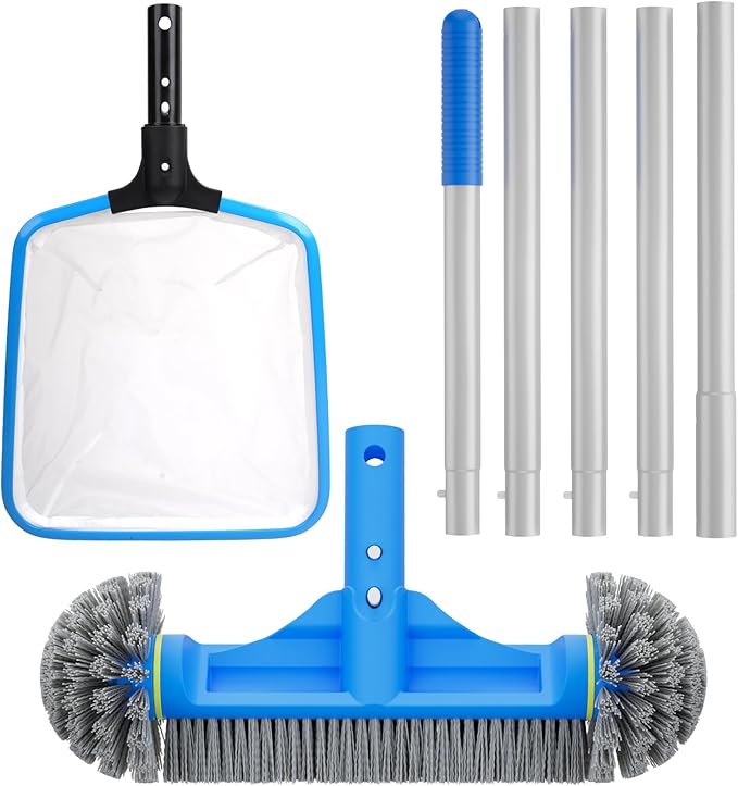 TidyMister 3PCS Cleaning Kit - 12.5'' Brush With Round End & 11'' Skimmer Net Fine Mesh & 5.7 Feet Thick Aluminum Pole 5-Segment, for Above Ground & Inground Pools Ponds