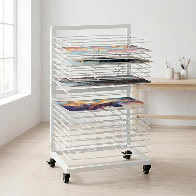 OFFICEROO White Art Drying Rack for Classroom & Preschool – 18-Shelf Mobile Paint Drying Rack, Canvas & Paper Drying Rack for Art Storage