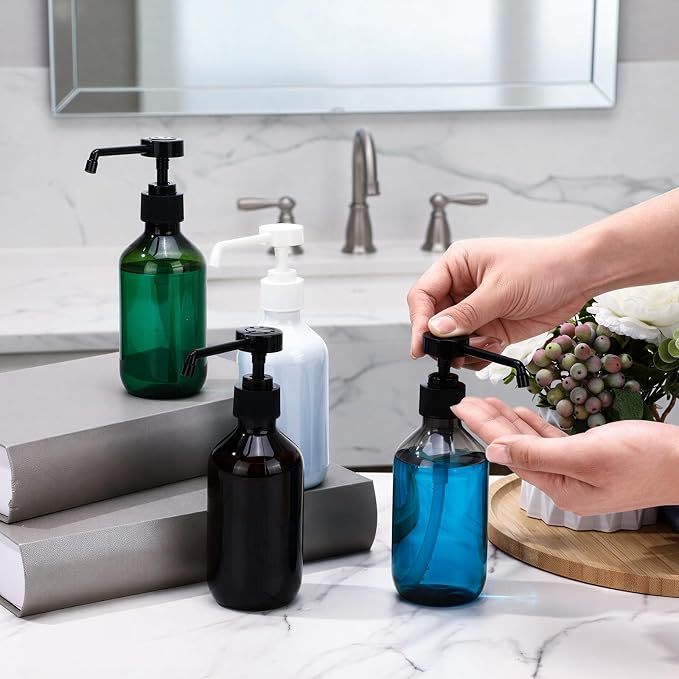 50 Pack Plastic Soap Dispenser Bulk Empty Pump Bottles Dispenser with Long Pump 10 oz Refillable Dish Soap Hand Washing Bottles Lotion Bottle for Kitchen Bathroom(Transparent Brown)