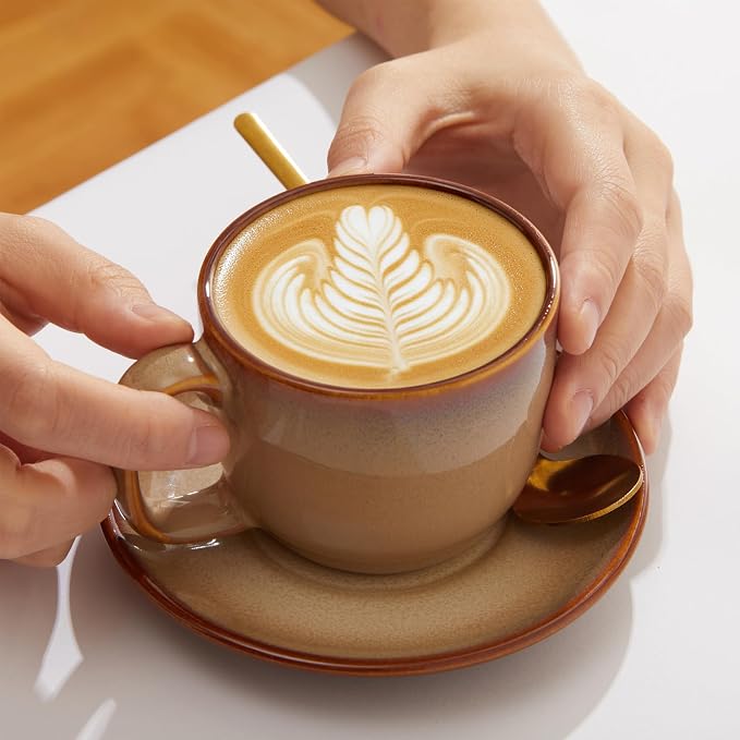 Pokini Stoneware Coffee Cups with Saucers, 6 Oz Cappuccino Cups Set of 4, Microwave & Dishwasher Safe, Perfect For Tea, Espresso, Latte, Ceramic Mugs for Kitchen or Cafe, Brown Yellow