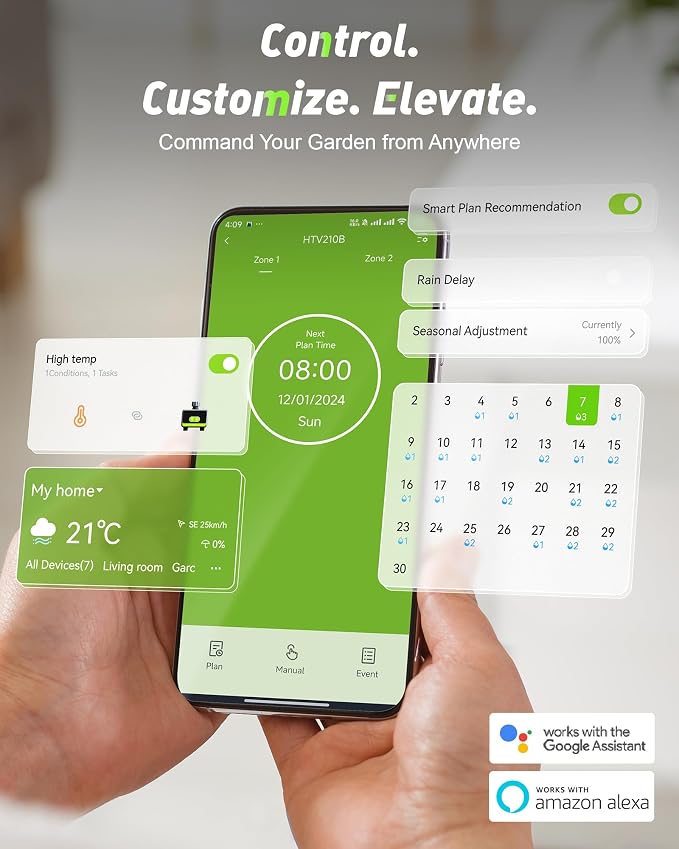RainPoint WiFi Water Timer for Garden Hose with Brass Inlet & Outlet, 2-Zone Smart Hose Timer, WiFi Irrigation Controller via APP/Voice Control, Automatic Sprinkler Watering System for Lawns and Yard