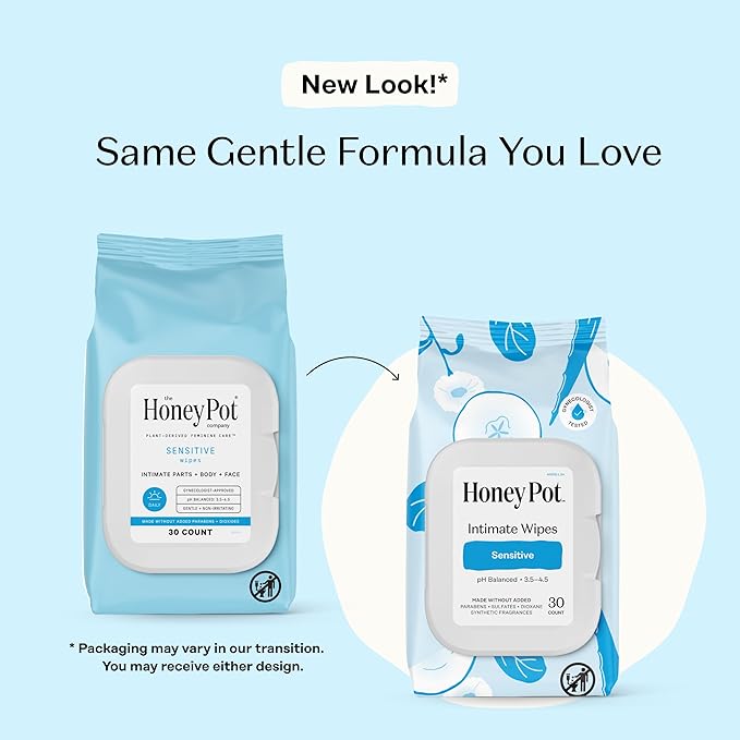 The Honey Pot Company - Feminine Wipes - Sensitive - pH Balancing, Herbal Infused Plant-Based Feminine Care for Sensitive Skin - Cleansing Wipes for Women - 30ct