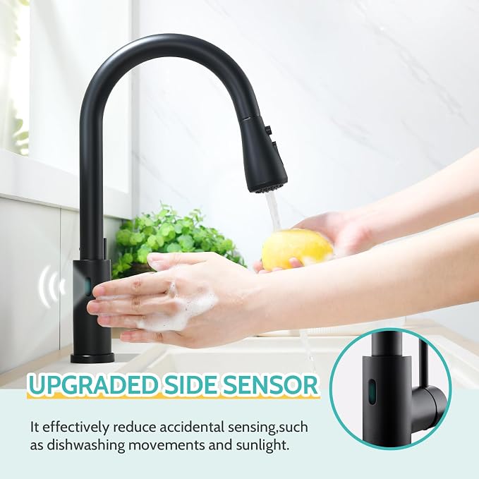 Kicimpro Black Touchless Kitchen Faucet with Pull Down Sprayer Single Handle, Side Motion Sensor Kitchen Touchless Faucet with Water Lines, Two Modes Matte Black Touchless Faucet for Kitchen Sink