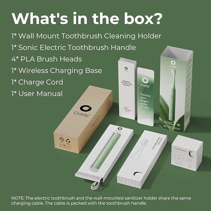 ODAY Sonic Electric Toothbrush for Adults with Wall Mounted UV-Cleaning Toothbrush Holder and 4 Brush Heads, Wireless Charging, IPX7 Waterproof, 1 Month+ Battery, Green