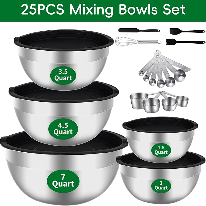WEPSEN Mixing Bowls Set, 25PCS Stainless Steel Mixing Bowl with Lid Set, Large Nesting Bowls 7, 4.5, 3,2, 1.5QT, Measuring Cups and Spoons Baking Utensils Metal Bowl for Kitchen Prep