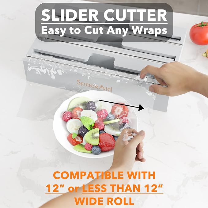SpaceAid WrapNeat 3 in 1 Wrap Organizer with Cutter and Labels, Plastic Wrap, Aluminum Foil and Wax Bamboo Dispenser for Kitchen Storage Organization Holder for 12" Roll (Gray)
