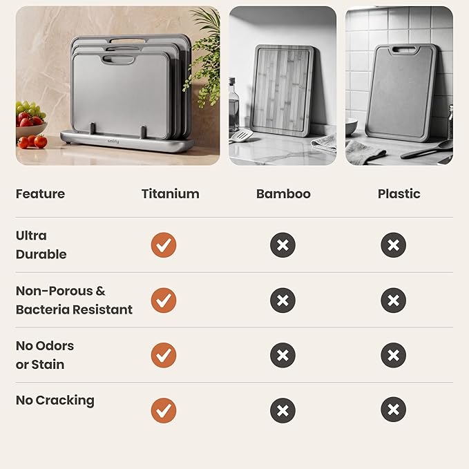 SMIRLY Titanium Cutting Board for Kitchen, with Holder, 3 Pack, Silver | Food-grade Titanium Surface with a Non-porous, Double-sided Design for Easy Cleaning and Hygienic Food Prep
