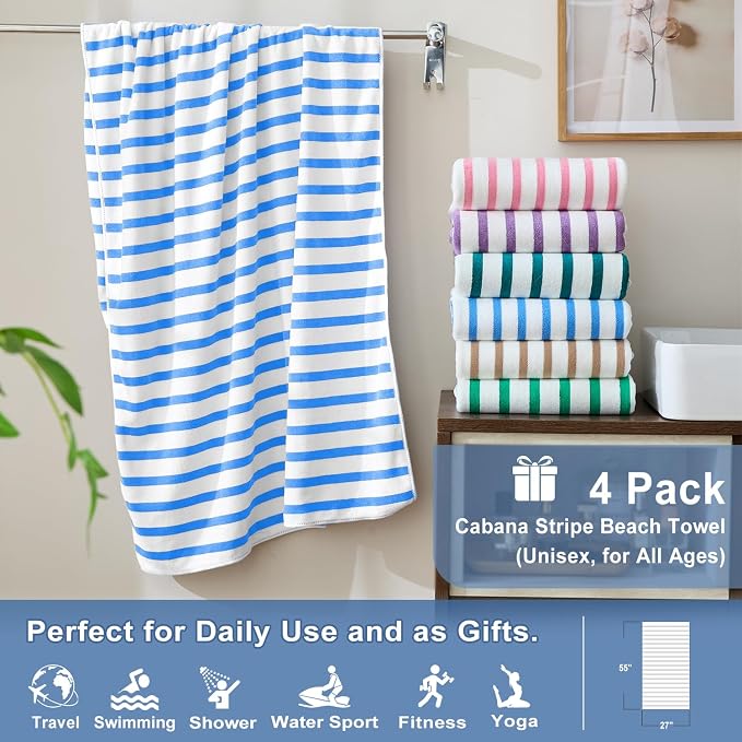 JML Microfiber Bath Towel Sets, 4 Pack, 27" x 55", Cabana Stripe Blue | Soft, Super Absorbent, Fast Drying Bath Towel Set for Swimming, Pool, Summer Beach Party
