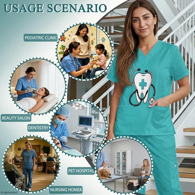 Gomyblomy Women's Scrubs Suit 3-Piece Set | Teeth Print V-Neck Top & Pants & Cap, Breathable and Stretch Fabric, S-5XL