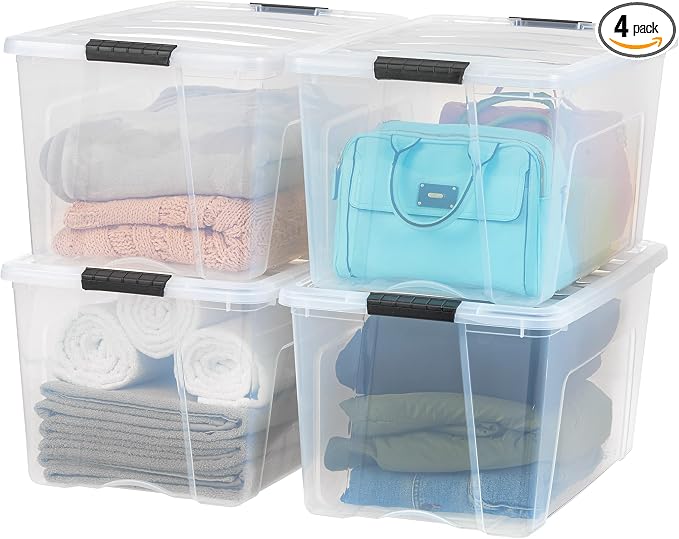 IRIS USA 72 QT Plastic Storage Box with Lid and Latches - 4 Pack - BPA-Free, See-Through Organizing Solution, Durable Nestable Stackable Containers, Secure Pull Handle - Clear