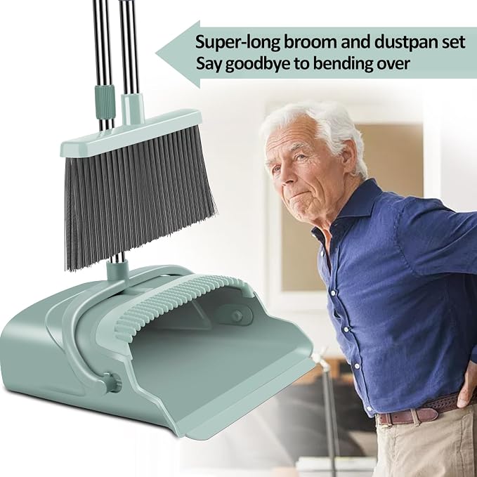 Upgrade Broom and Dustpan Set, Large Size and with Long Handle, Upright,Ideal for Indoor Outdoor Garage Kitchen Room Office Lobby Use (Green)