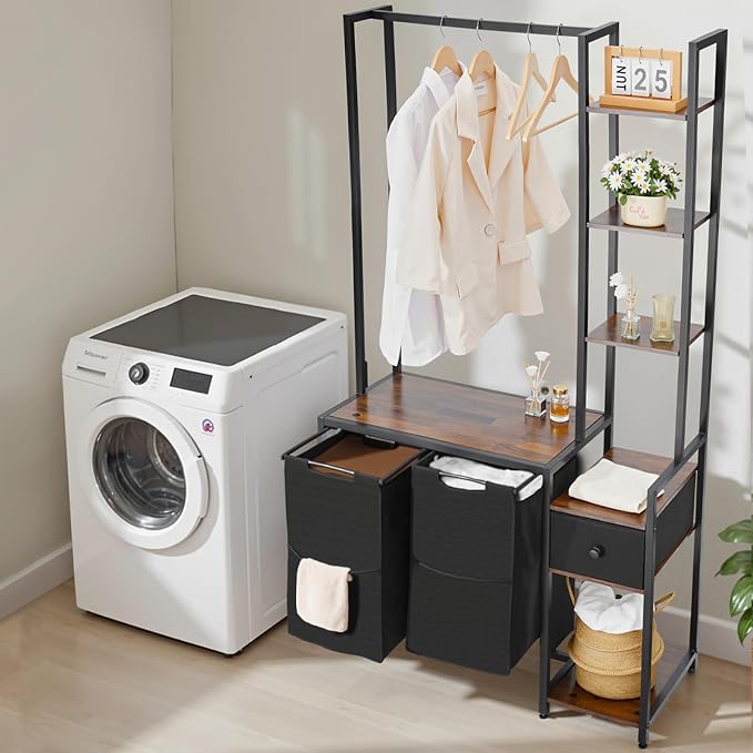 VEVOR 3 Tiers Laundry Sorter with Rack, Tall Laundry Hamper with Shelves and Drawers, 2 Section Freestanding Hanging Rack Storage with 600D Oxford Cloth Bags and Ladder Shelves for Dirty Clothes