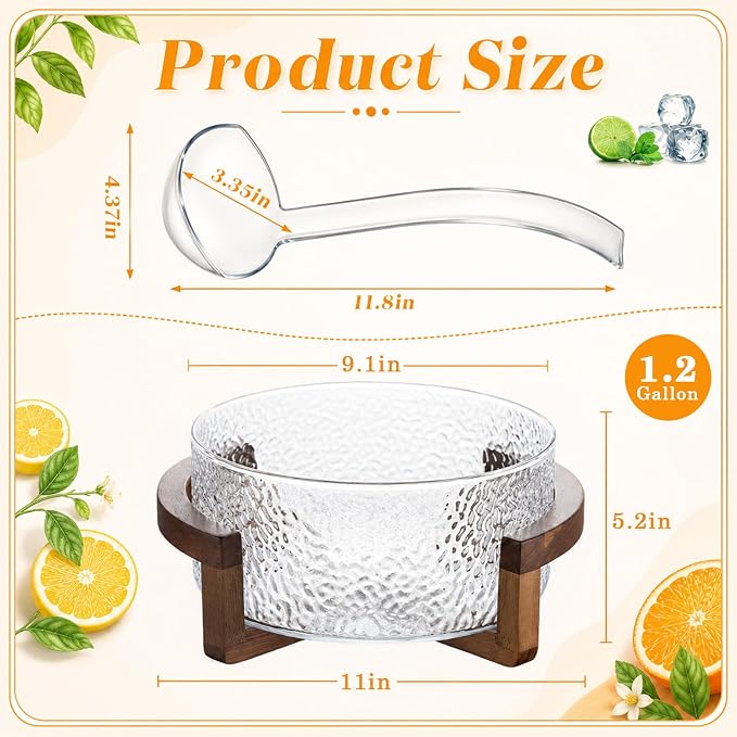 1.2 Gallon Glass Punch Bowl Set with Ladle, Hammered Glass | Acacia Wood Base, Textured Glass Finish, Elegant Centerpiece, Ideal for Holiday, Wedding, Parties & Gatherings
