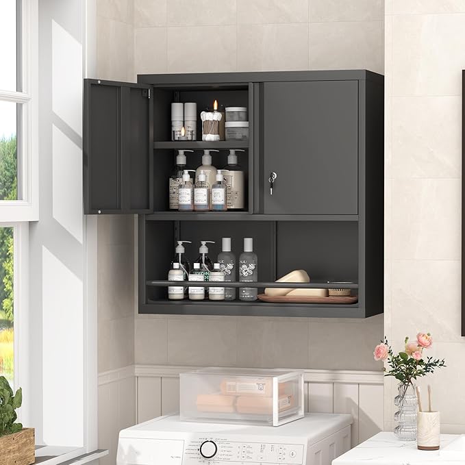 GREATMEET 31" H Metal Garage Storage Cabinets with Doors and Shelves, Lockable Storage Cabinet with Lock, Black Hanging Cabinets for Wall, Wall Mount Cabinet for Utility Room