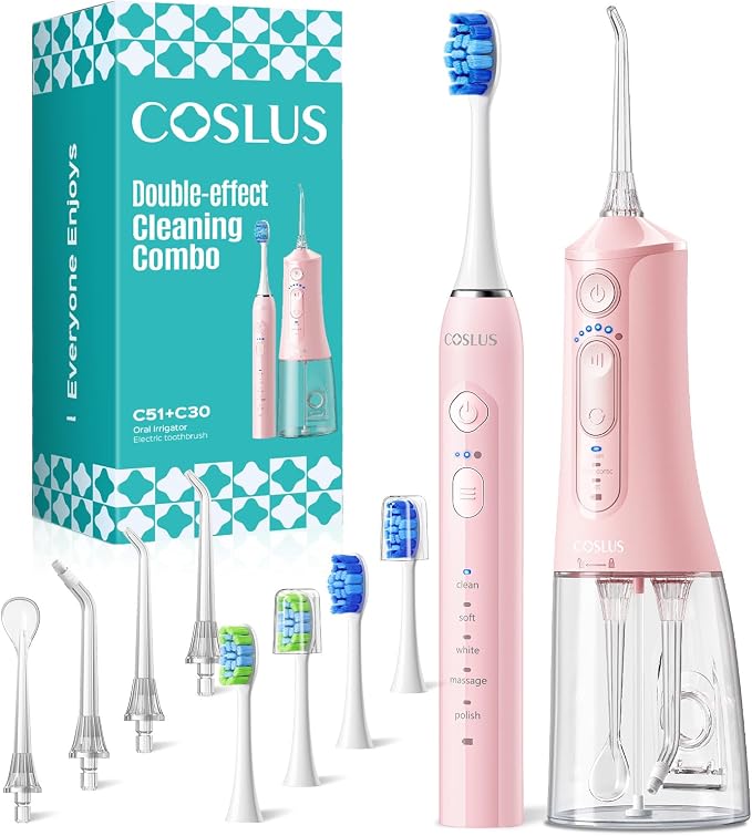 COSLUS C51C30 Water Flosser Electric Toothbrush Combo, 2-1 Oral Clean Kit | Portable Brushing & Flossing for Teeth & Braces Cleaning, Multiple Modes for Family Use, Cordless for Home & Travel, Pink