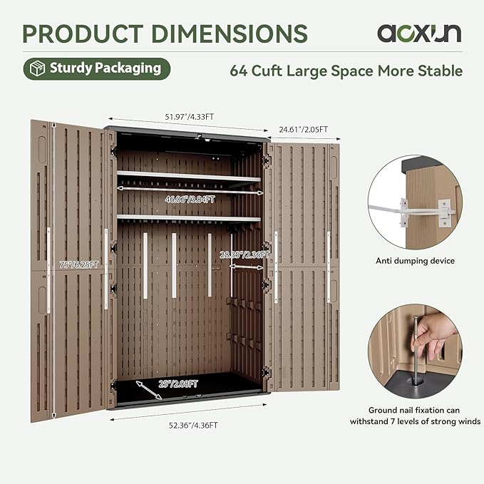 Aoxun Outdoor Storage Shed with 2 Shelves & Floor, 64 Cu.Ft Storage Cabinet | Large Outdoor Waterproof Vertical Resin Shed for Garden Tools, Pool Equipment, Brown