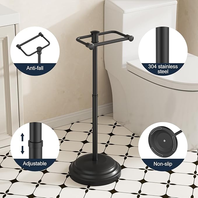 Bathroom Toilet Paper Holder Stand, Matte Black Toilet Paper Holder Free Standing, Stainless Steel Pivoting Toilet Tissue Roll Holder，Adjustable Height (14 to 24 Inch) Paper Holder