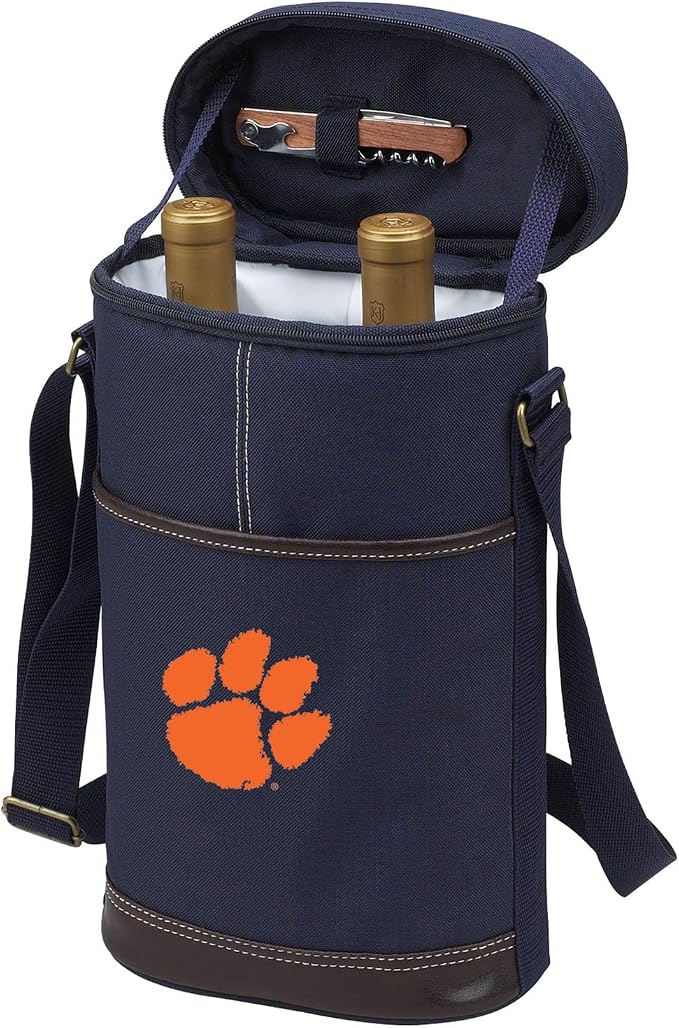 Picnic at Ascot Clemson Licensed Insulated 2 Bottle Travel Wine Tote with Corkscrew & Shoulder Strap -Designed & Assembled in the USA