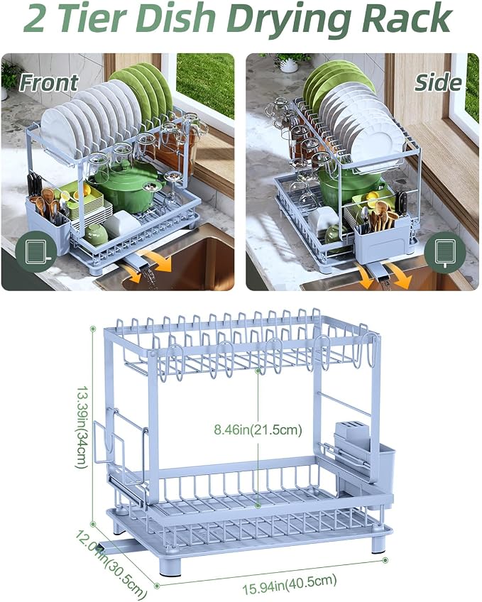 Dish Drying Rack 2-Tier Dish Racks with Drainboard, Rustproof, Space-Saving Dish Rack, Utensil & Cup Holder for Kitchen Counter, Blue