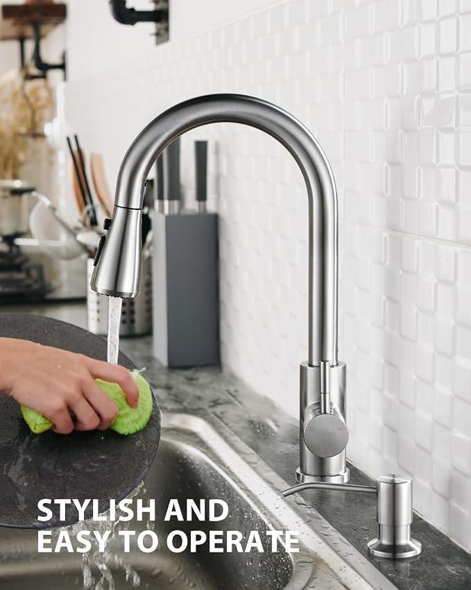 Kitchen Faucet with Soap Dispenser, Hiqufet Brushed Nickel Kitchen Faucet with Pull Down Sprayer, 3 Mode High Arc Single Handle RV Bar Sink Faucets for Pot Filler, Farmhouse Camper Bar Laundry Room