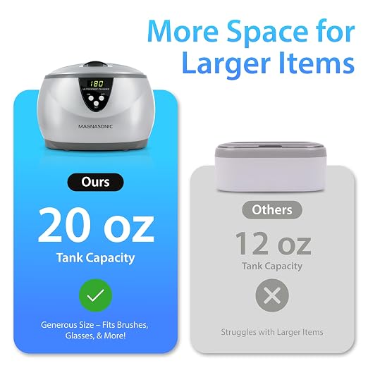 Magnasonic Ultrasonic Cleaner, 20oz Stainless Steel Tank, Digital Timer, 5 Cleaning Modes, w/ 8oz Gem & Jewelry Cleaner Concentrate Solution for All Jewelry, Eyeglasses, Watches, Dentures, Retainers