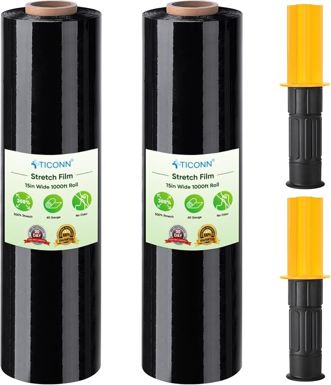 TICONN 2Pk Stretch Wrap Stretch Film Roll, 1000ft Industrial Strength 15 inch Wide Black Plastic Wrap with Handles for Pallet Wrapping Shipping Moving