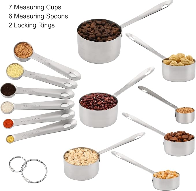 Measuring Cups and Spoons Set, 18/8 Stainless Steel Measuring Cups and Spoons, Metric & US Metal 7 Kitchen Measure Cups & 6 Measuring Spoons, Baking Measuring Tools Set 13