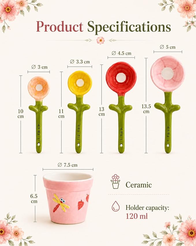 Flower Pot Ceramic Measuring Spoon Set, 5PCS Cute Spoons Cups with Base, Ceramic Baking Measuring Spoons with Holder for Dry & Wet Ingredients, Unique Baking Supplies Gift, Dishwasher Safe(Blue*2)