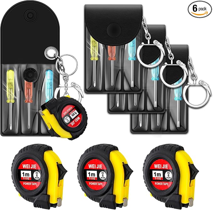 Jutom 6 Pcs Mini Tape Measure Keychain Bulk Mini Screwdriver Keychain Set Adult Tool Party Prize for Father's Men Gifts
