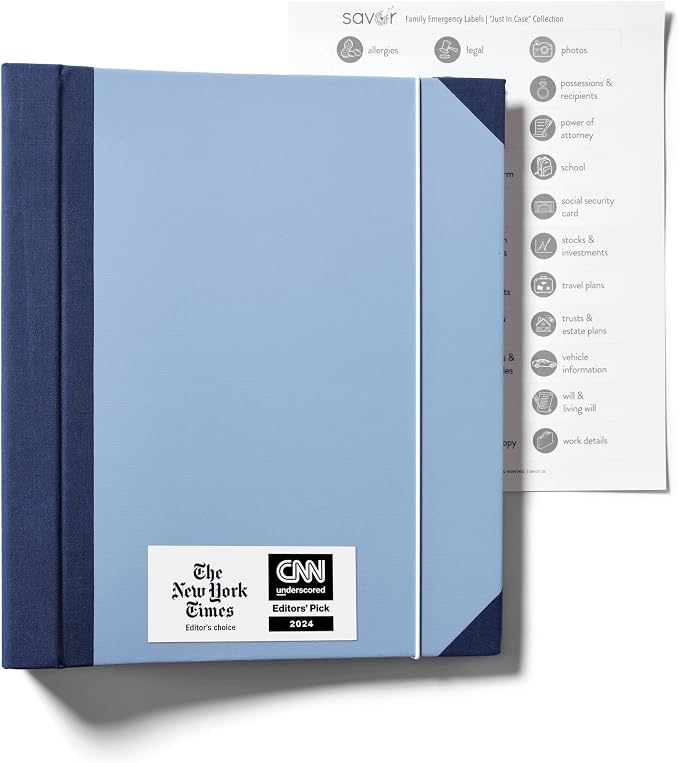 The Folio® Important Document Organizer by Savor | Binder with Guided Labels, Acid-Free File Folder Organizer with 10 Pockets, Document Holder for Home Records, Legal and Medical Papers (Blue)