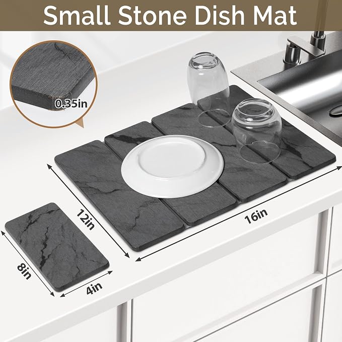 Small Stone Dish Drying Mat for Kitchen Counter, 2 PCS 16"×12" & 8"x4" Quick Dry Stone Mats, Foldable Water Absorbing Diatomite Drying Dish Pad for Countertop Bottles Utensils Cups(Dark Gray Ink)