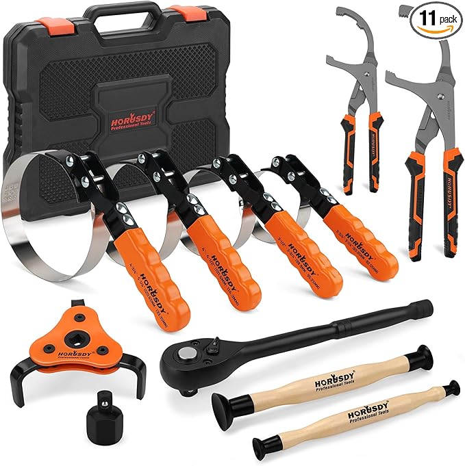 11-Piece Oil Filter Wrench Set with Storage Case - Swivel Wrenches Fit 2-3/4" to 5-1/4", Adjustable Filter Pliers (9" & 12"), Valve Lapper Set, 3-Jaw Socket, Ratchet Handle for Garage, Roadside Repair