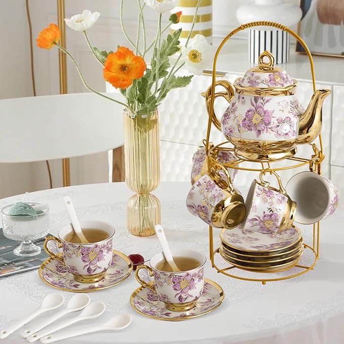 20 Pcs Porcelain Tea Set with Metal Holder European Flower Tea Sets for Adults, Ceramic Tea Party Set European Flower Painting Teapot Cup Saucer Spoon Set for Women, Large Version (Elegant Purple)