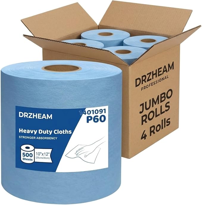 4 Rolls Industrial Cleaning Wipes Jumbo Roll, Heavy Duty Lint Free Shop Towels, Super Absorbent Reusable Cleaning Cloths for Garage Workshop Automotive, 500 Sheets 12"x 10" (Blue, 10"X12")