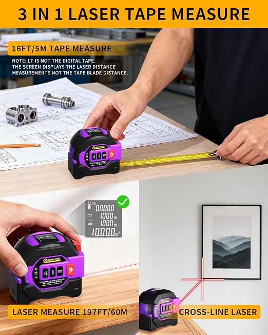 3 in 1 Digital Laser Tape Measure, 197ft/60m Laser Distance Meter, 16ft/5m Digital Tape Measure with Cross Line, AutoLock, ft/in/m Unit Switch, Measure Area, Volume, Pythagorean
