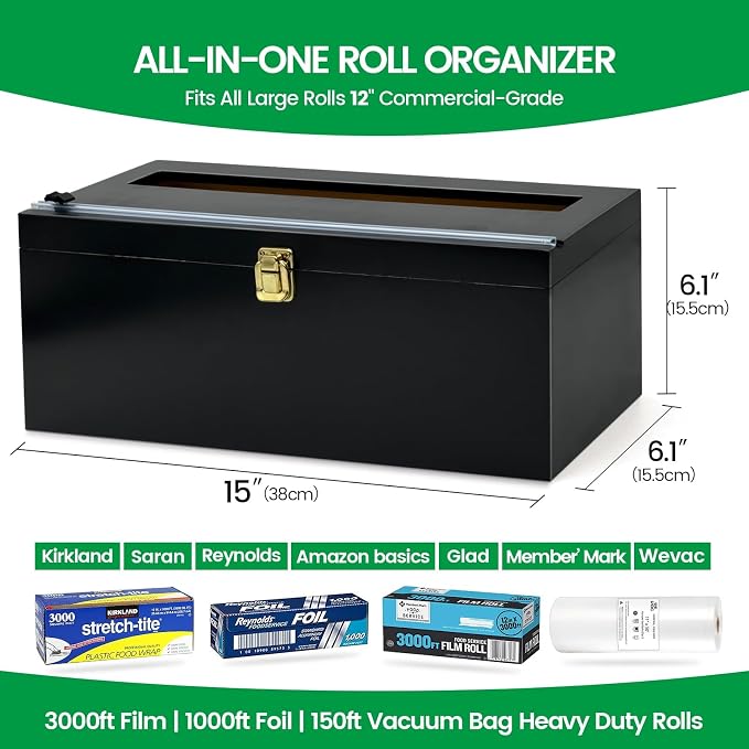 Libreshine Black 12 Inch Plastic Wrap Dispenser with Cutter, Commercial Bamboo Holder for Large 3000 Ft Wrap Rolls, Fits Costco and Kirkland Size Plastic Wrap and 1000 Ft Foil Rolls
