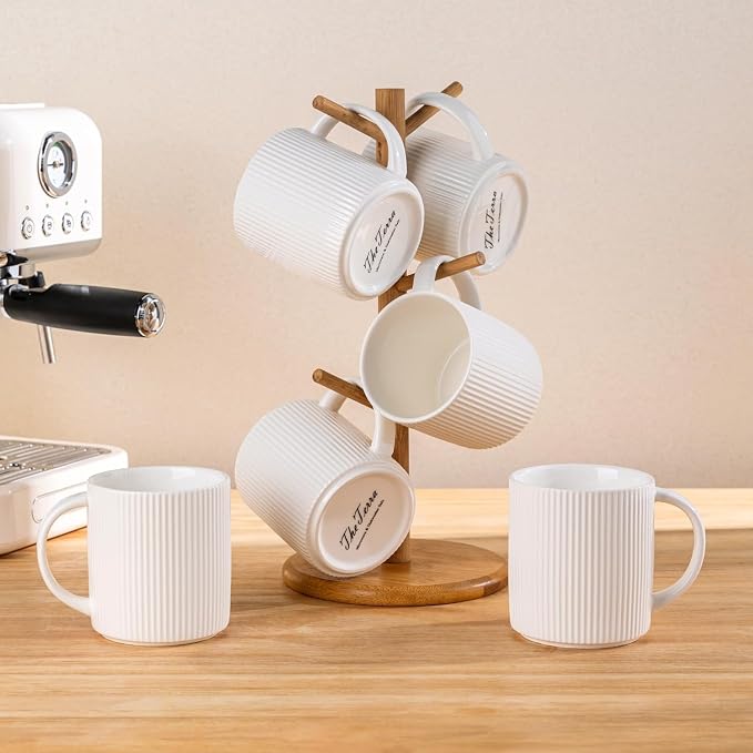 theterra Ceramic Coffee Mugs Set of 4, 14.2oz Handmade Coffee Cups with Handle for Latte, Tea, Milk, Beer, Hot Cocoa, Bright White