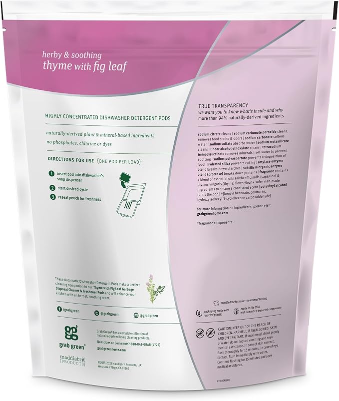 Grab Green Dishwasher Pods, 60 Count, Thyme with Fig Leaf | Plant & mineral based; Enzyme-powered; Velcro Closure; No Harsh Chemicals; Removes Grease and Stuck on Food