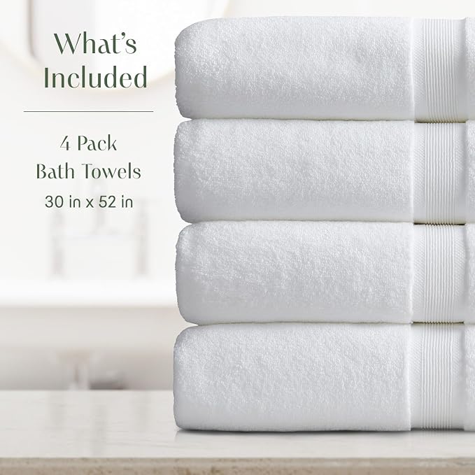 Springtree Home Luxury Bamboo Rayon Plush Bath Towel Set | 4-Pack | White | 35% Bamboo Rayon - 65% Zero Twist Cotton | Absorbent Quick-Dry Towels for Bathroom | Ultra Soft | OEKO-TEX Standard 100