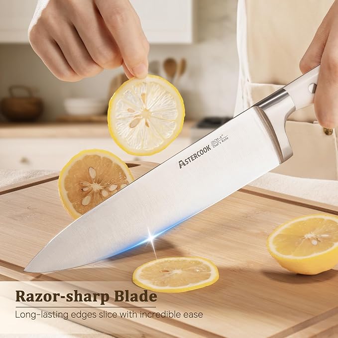 Astercook Knife Set, Kitchen Knife Set with Block and Sharpener, 12 Pcs Ultra-Sharp High Carbon Stainless Steel Knife Block Set with Non-Slip Full Tang Ergonomic Handle, Cream White Cutlery Set