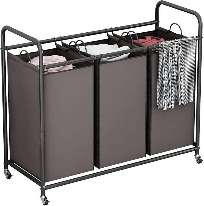LINZINAR 3-Bag Laundry Sorter,Laundry Hamper Cart with Heavy Duty Rolling Lockable Wheels and Removable Bags (Brown) | Laundry Room Organization with Heavy Duty Rolling Lockable Wheels and Removable Bag, Bedroom Laundry Cart for Clothes Storage