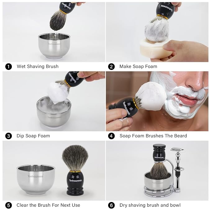 5 In 1 Manual Shaving Kit For Men Includes Badger Hair Shaving Brushes Set, Double Edge Safety Razor, Stainless Steel Shaving Bowl&Stand and Goat Milk Shaving Soap