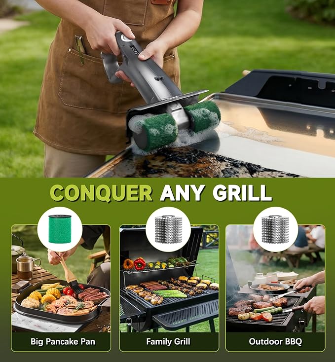 Electric Grill Brush Rechargeable, Dual Brush Heads Design Cordless Electric BBQ Grill Cleaner with Replaceable Head (Gray)