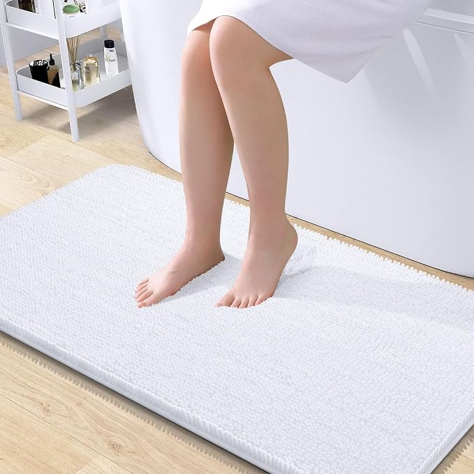OLANLY Large Bathroom Rugs 45x27, Extra Soft Absorbent Chenille Bath Rugs, Rubber Backing Quick Dry, Machine Washable Bath Mats for Bathroom Floor, Tub and Shower, Home Decor Accessories, White