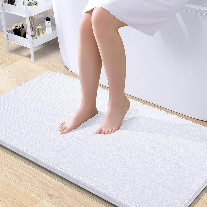 OLANLY Large Bathroom Rugs 40x24, Extra Soft Absorbent Chenille Bath Rugs, Rubber Backing Quick Dry, Machine Washable Bath Mats for Bathroom Floor, Tub and Shower, Home Decor Accessories, White